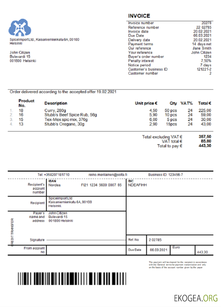 Facture Finland SpiceImport Ltd